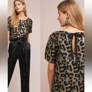Hutch Leopard Print Metallic Blouse with Black Bow Size S